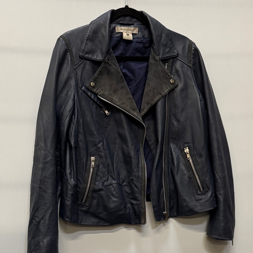 Gerard Darel Dark Blue Lamb Leather/Suede Distressed Jacket